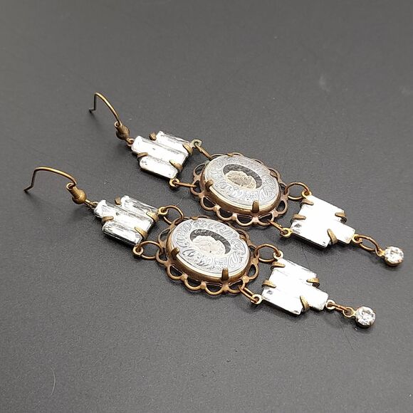 Art Deco Vauxhall Glass Reverse Carved Earrings , 3 1/2 In - Picture 9 of 12